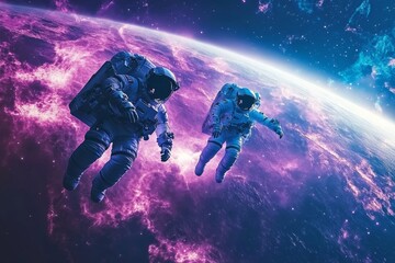 Obraz premium Two astronauts engage in a spacewalk against a stunning backdrop of colorful cosmic formations and Earth in the distance. Generative AI