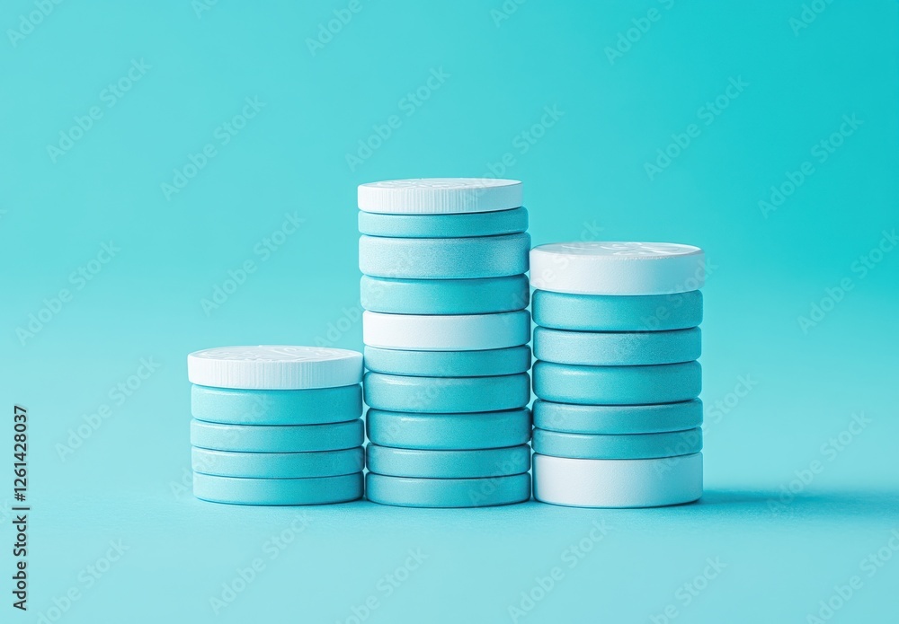Poster stacks of round turquoise tokens on a soft turquoise background creating a visually appealing minima