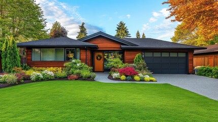 Charming suburban home with manicured lawn and vibrant landscaping