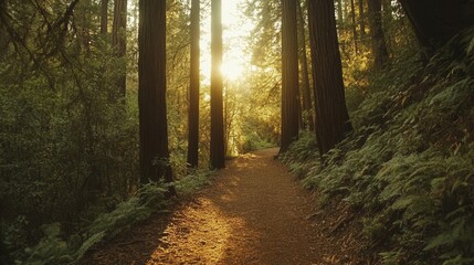 Obraz premium Tranquil Forest Path Surrounded by Majestic Trees at Golden Hour