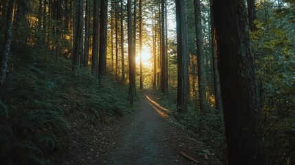 Fototapeta premium Tranquil Forest Path Surrounded by Majestic Trees at Golden Hour