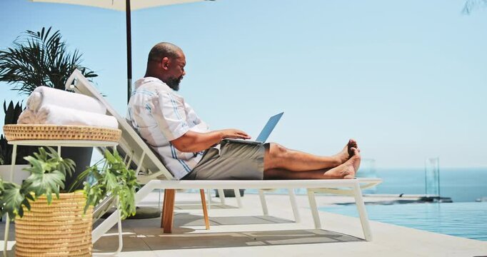 Digital nomad, resort and black man with laptop for vacation, job search and freelance planning. African person, remote work and swimming pool with Champaign, website and email for business project