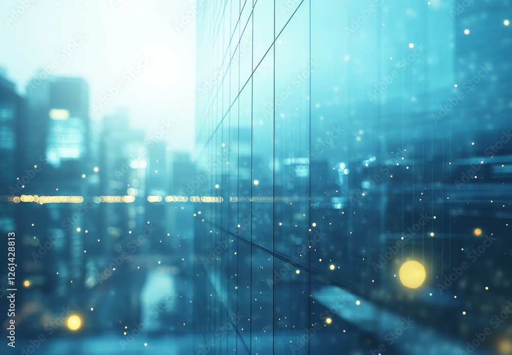 Poster urban skyline in soft focus with glimmering lights and reflections showcasing modern architecture in