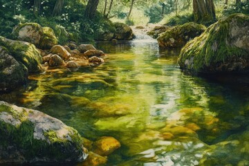 Fototapeta premium Tranquil Stream Flowing Through Lush Green Forest Under Soft Natural Light