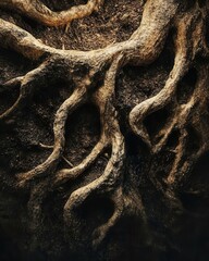 Tree Roots Entwined in Rich Soil Texture, Close-Up Generative Illustration Highlighting Nature's Intricacy