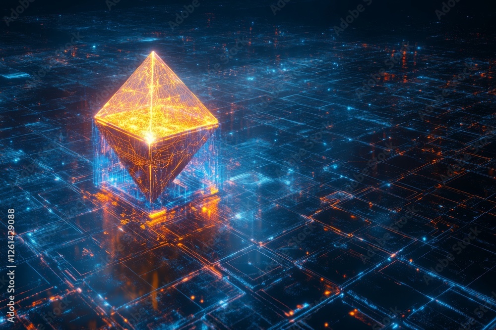 Poster a luminous pyramid hovers above a grid of luminous circuits, set in a digital landscape that conveys