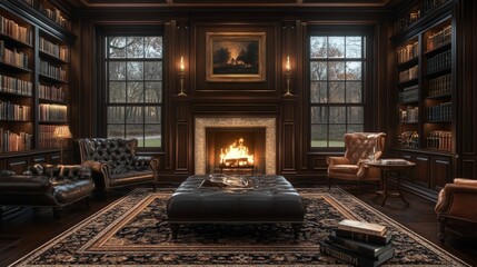 Luxurious library fireplace cozy autumn scene