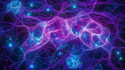 A digital illustration of a glowing neural network in vibrant blue and purple tones 