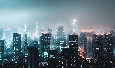 Fototapeta premium Futuristic city skyline with skyscrapers and glowing city lights
