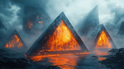 Glowing pyramids rise from misty ocean.