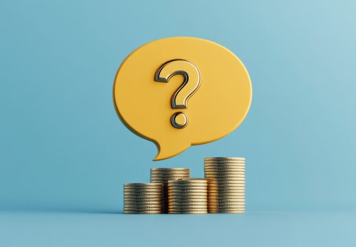 Yellow speech bubble with question mark above stack of golden coins, concept of finance uncertainty and investment inquiries in modern minimal style