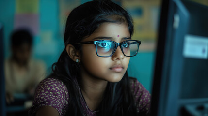 Indian Girl Studying in a Computer Lab, Focused on Her Screen with the Reflection of the Monitor on Her Glasses, Showcase Modern Education, Technology, and a Diverse Learning Environment