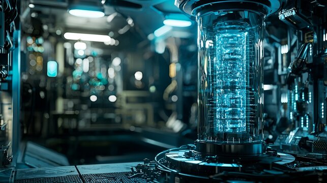 Cryo-chamber, futuristic lab, data storage, glowing blue, sci-fi background