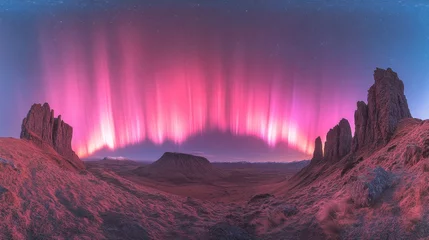 Fototapete Pink aurora borealis illuminating a dramatic desert landscape at night, featuring unique rock formations. © Aris
