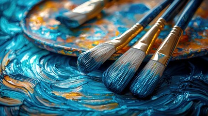 Fototapeta premium Close-up of Paintbrushes on a Colorful Palette, Artistic Oil Painting Tools and Textures
