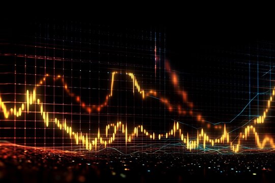 Abstract digital illustration of stock market trends with fluctuating graphs and glowing lines 