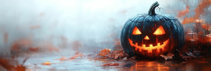 Fototapeta premium Illuminated jack-o'-lantern autumnal fog scene