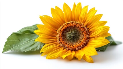 Fototapeta premium Bright yellow sunflower with green leaves isolated on a white background cheerful and fresh design