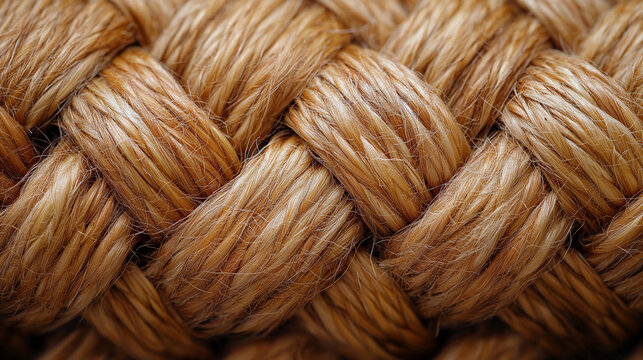 Detailed macro shot of a thick, woven rope, showcasing its texture and intricate interlaced pattern.