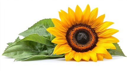 Obraz premium Bright yellow sunflower with green leaves isolated on a white background cheerful and fresh design
