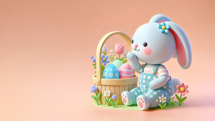 3D easter rabbit in cute cartoon style, basket eggs, colorful flowers, isolated on pastel background with copy space.