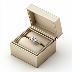 Diamond engagement ring in beige box.