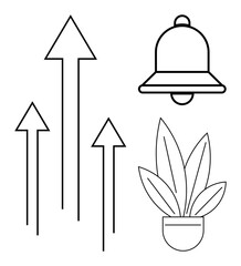 Upward arrows indicating progress, a bell symbolizing alerts and attention, and a potted plant for growth. Ideal for success, motivation, alerts, progress, achievement growth development. Black