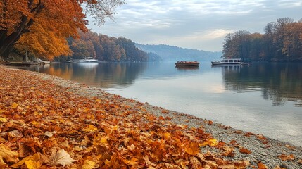 Obraz premium Autumn lake scene boats golden leaves