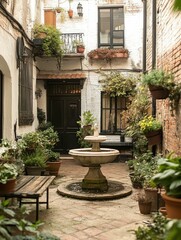 Fototapeta premium Serene courtyard fountain, lush greenery, aged stone.