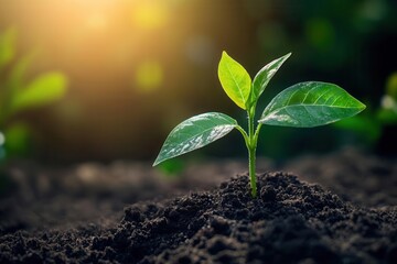 Fototapeta premium Young Plant Sprouting in Rich Soil Under Morning Sunlight