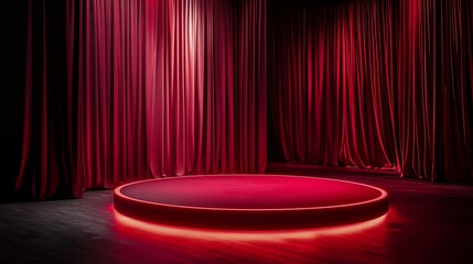 Red illuminated stage with velvet curtains.