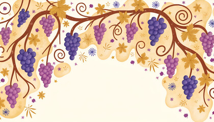 Hand-drawn grapevine background with curling tendrils and grapes.