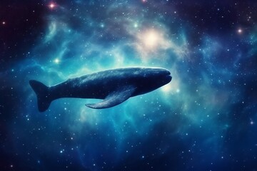 An abstract cosmic scene with a nebula in the shape of a whale swimming through the universe