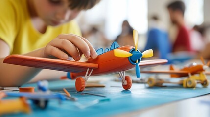 Boy focused building orange toy airplane model.