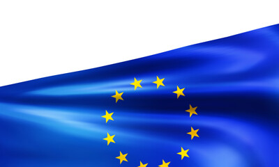 Realistic wavy European Union flag isolated on white background. Yellow EU stars in circle on blue flag. Symbol of Europe. 3d vector illustration