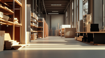 Obraz premium Warehouse Interior in Soft Focus Featuring Industrial Storage of Furniture Merchandise, Wooden Materials, and Construction Supplies with Long Aisles and Tall Shelving