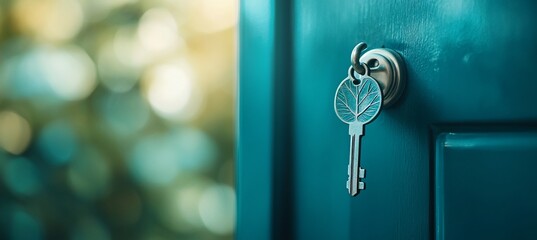 Teal door with key featuring leaf design, bokeh background.