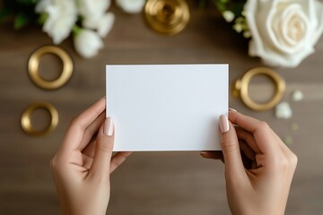 Obraz premium Woman's hands holding blank white card, surrounded by flowers and gold rings on wooden table.