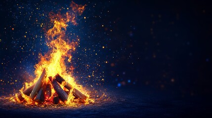 Vibrant bonfire illuminating the night sky with brilliant flames and glowing embers