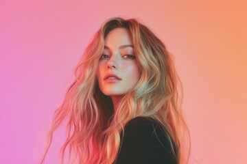 Obraz premium Blonde Woman with Perfectly Groomed Hair on Soft Pastel Background for Hair Care Branding