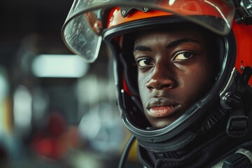 Portrait of a young African American male firefighter in station