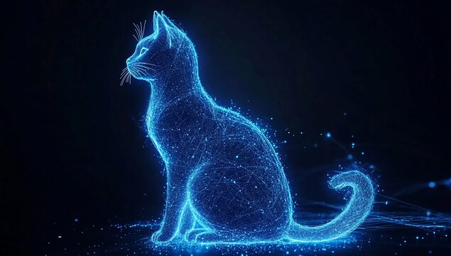 Glowing blue digital cat sitting, dark background. (1)