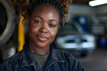 Portrait of a young African American female auto mechanic