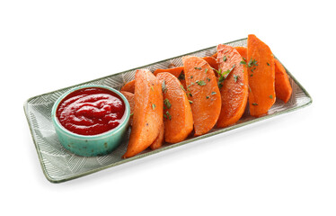 Plate with tasty baked sweet potato and bowl of sauce on white background
