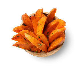 Bowl with tasty baked sweet potato on white background