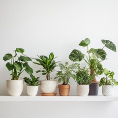 Fototapeta premium Collection of Exotic Houseplants in Ceramic Pots against White Background for Home Garden Inspiration