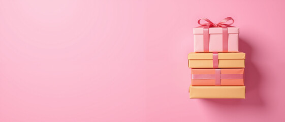 Colorful stacked gift boxes with ribbons on a soft pink background conveying a cheerful and festive atmosphere representing celebration and gift-giving