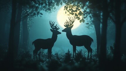 Two deer silhouettes facing each other under a full moon in a dark forest.