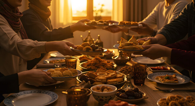 Warm golden sunset light illuminates a festive family gathering sharing delicious traditional middle eastern sweets and on transparent background eid - Powered by Adobe