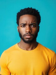 Obraz premium Confused African American Man Isolated on Blue Background with Copy Space